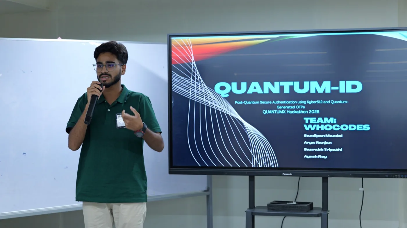 A student team presenting their post-quantum authentication project at a QuantumX hackathon
